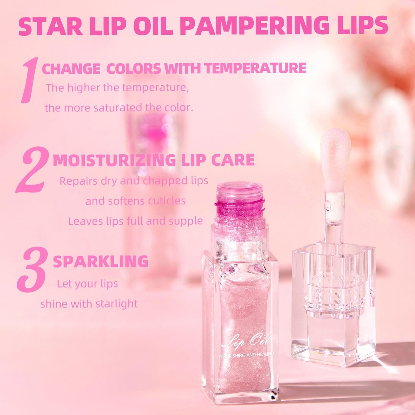 Allbestaye Color Changing Lip Oil, Warm Temperature Color Changing Moisturizing Lip Gloss Lip Oil Moisturizing Lip Oil, Rich Gloss Long Lasting Moisture, Big Brush Color Changing Lip Oil