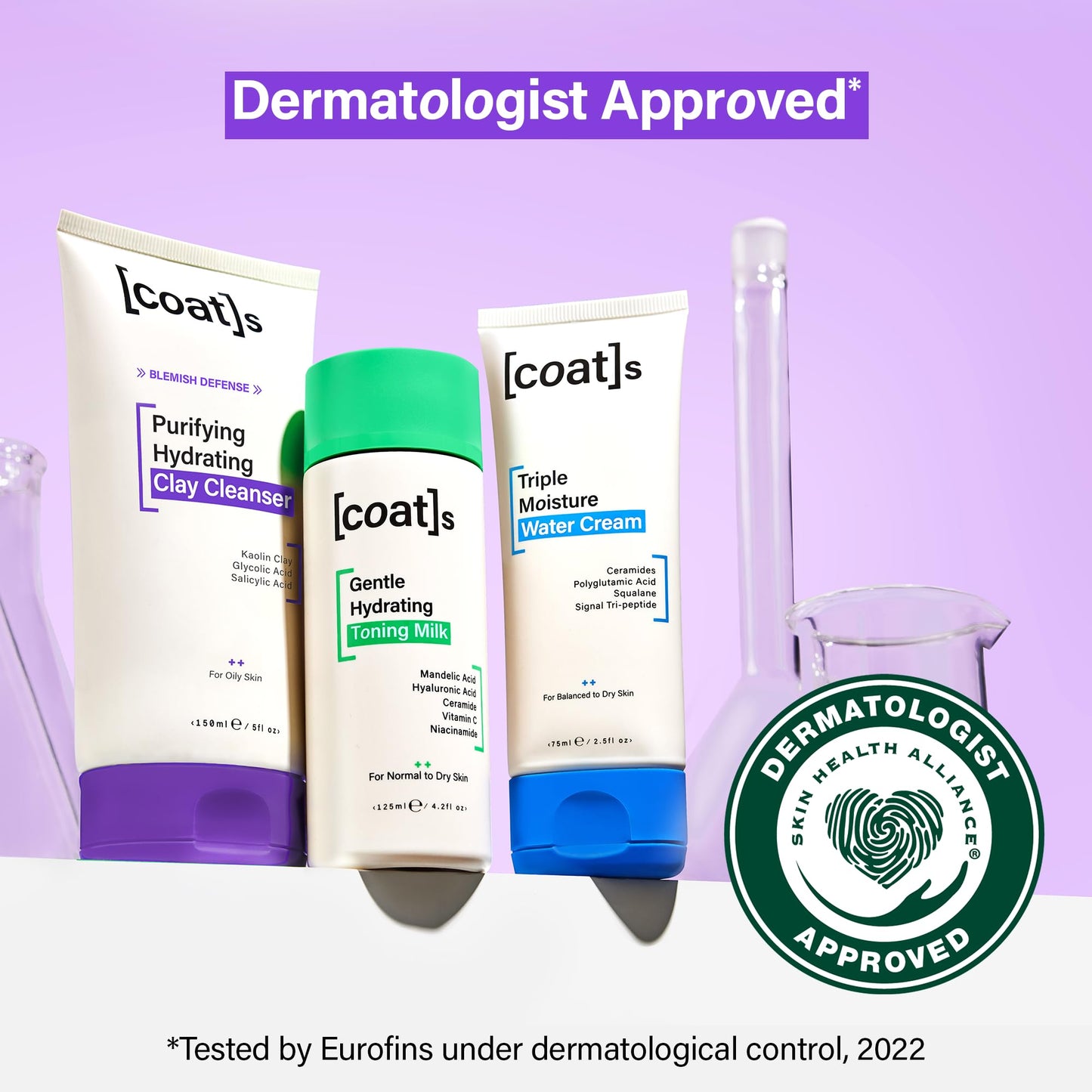 Coats Blemish Defence 3-Step Bundle for Oily Skin – Purifying Hydrating Clay Cleanser, Gentle Hydrating Toning Milk + Triple Moisture Water Cream – Helps Prevent Breakouts, Designed for Young Skin