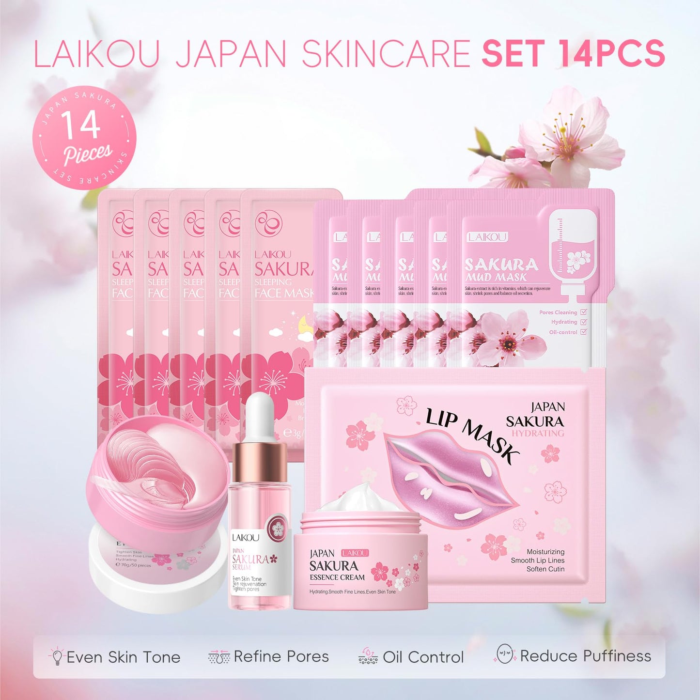 LAIKOU Skin Care for Teenage Girls, Sakura Skincare Set, Pamper Sets for Women Gifts, Facial Skin Care Sets & Kits - Face Serum, Face Cream, Sleep Mask, Eye Mask, Mud Mask, Lip Mask, 14PCS