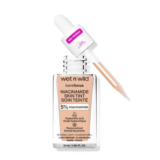 Wet n Wild Bare Focus Niacinamide Skin Tint, Lightweight Foundation with Buildable Formula, Enriched with Hyaluronic Acid and Vitamin E for a Radiant Look, Light