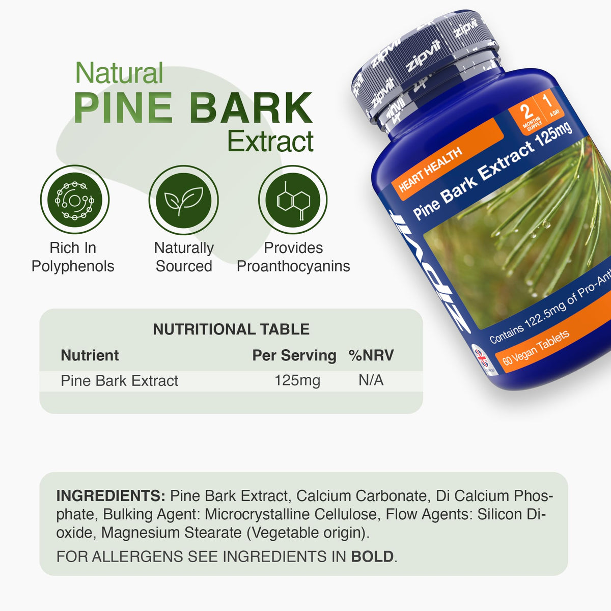 Zipvit Pine Bark Extract 125mg, High Strength Supplement, 95% Proanthocyanides, 60 Vegan Tablets, 2 Months Supply