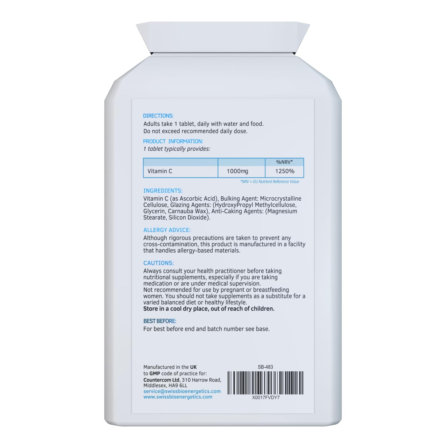 swiss bioenergetics Vitamin C 1000mg 120 Tablets – High Strength Immune Support contributes to The Reduction of Tiredness and Fatigue and to Normal Energy yielding Metabolism. – Exclusively Manufactured in The UK
