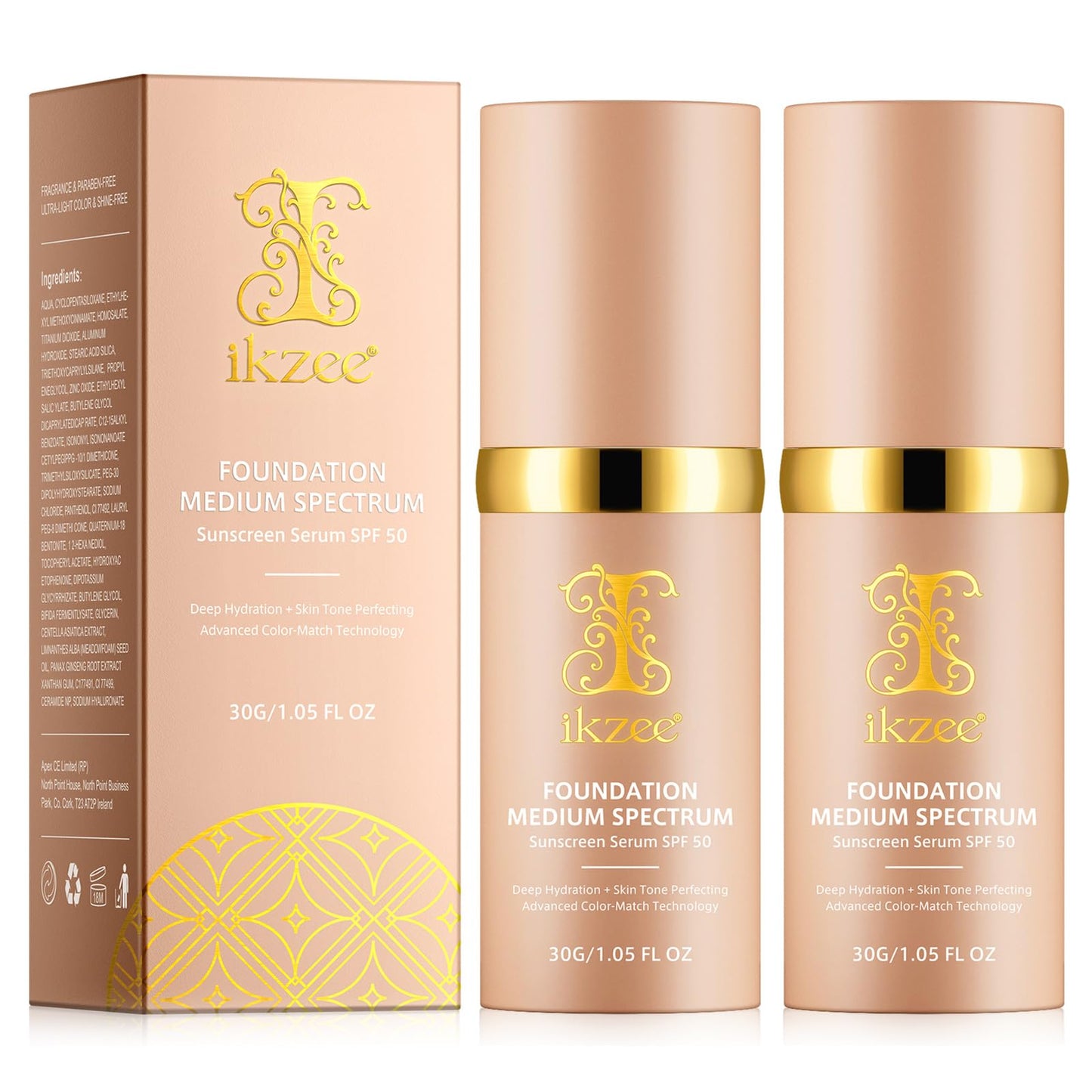 2pcs 4 in 1 Colour Changing Foundation, SPF50 Medium Spectrum Foundation, Colour Changing Mature Skin Foundation, Full Coverage Skincare, Liquid Concealer for All Skin Types, Long Lasting，30ML