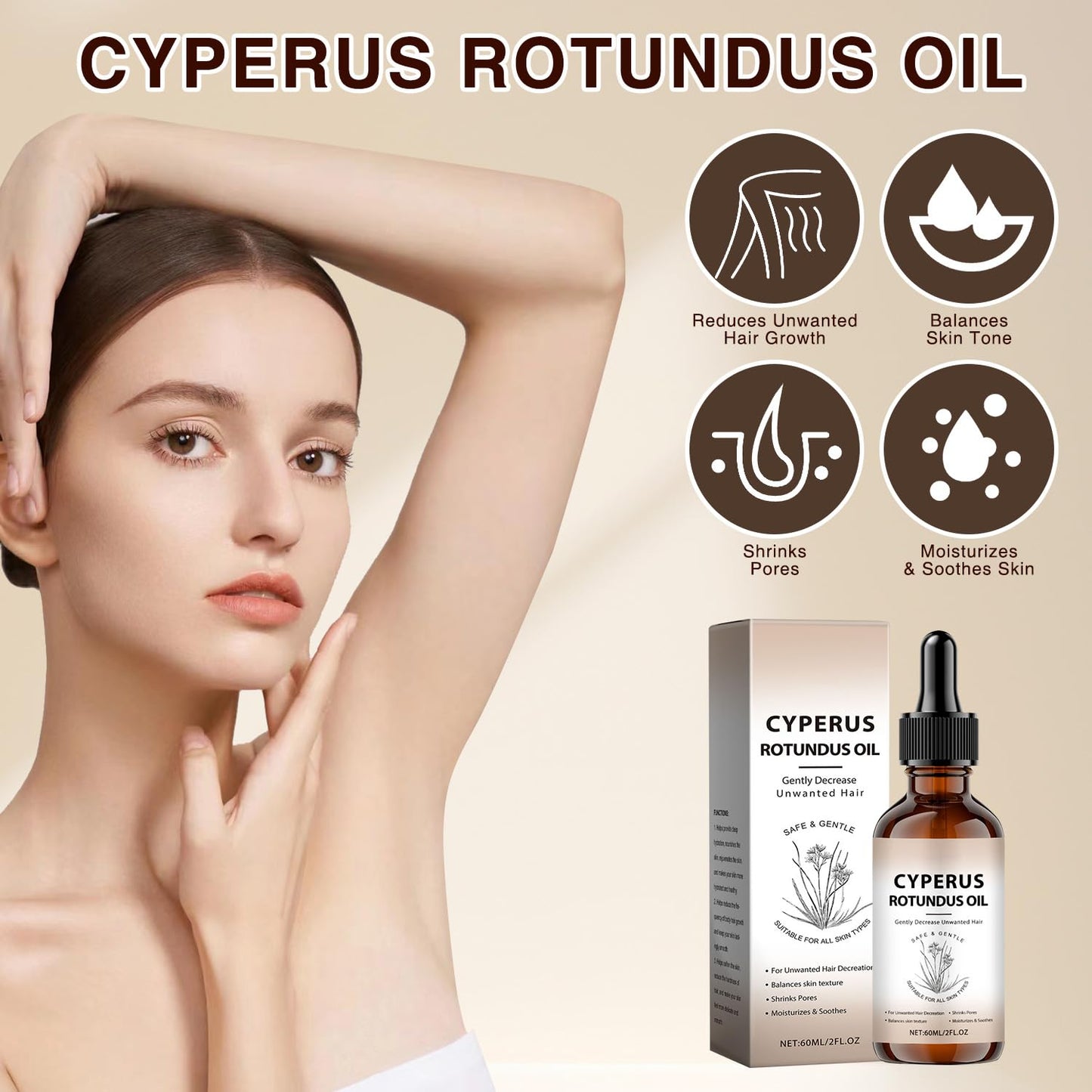 Bettinay Cyperus Rotundus Oil, 60ml Body Hair Removal Oil for All Skin Types
