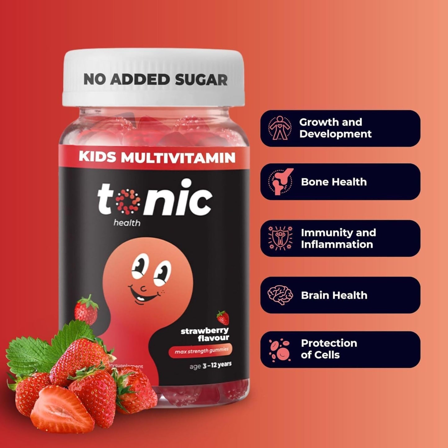 Tonic Health Kids Vitamins Gummies - 14 in 1 Kids Multivitamin with Vitamins A, C, D, E and Zinc, Strawberry Flavour, Month Supply (60 Count), Ages 3-12, No Added Sugar, No Sweeteners, Vegan