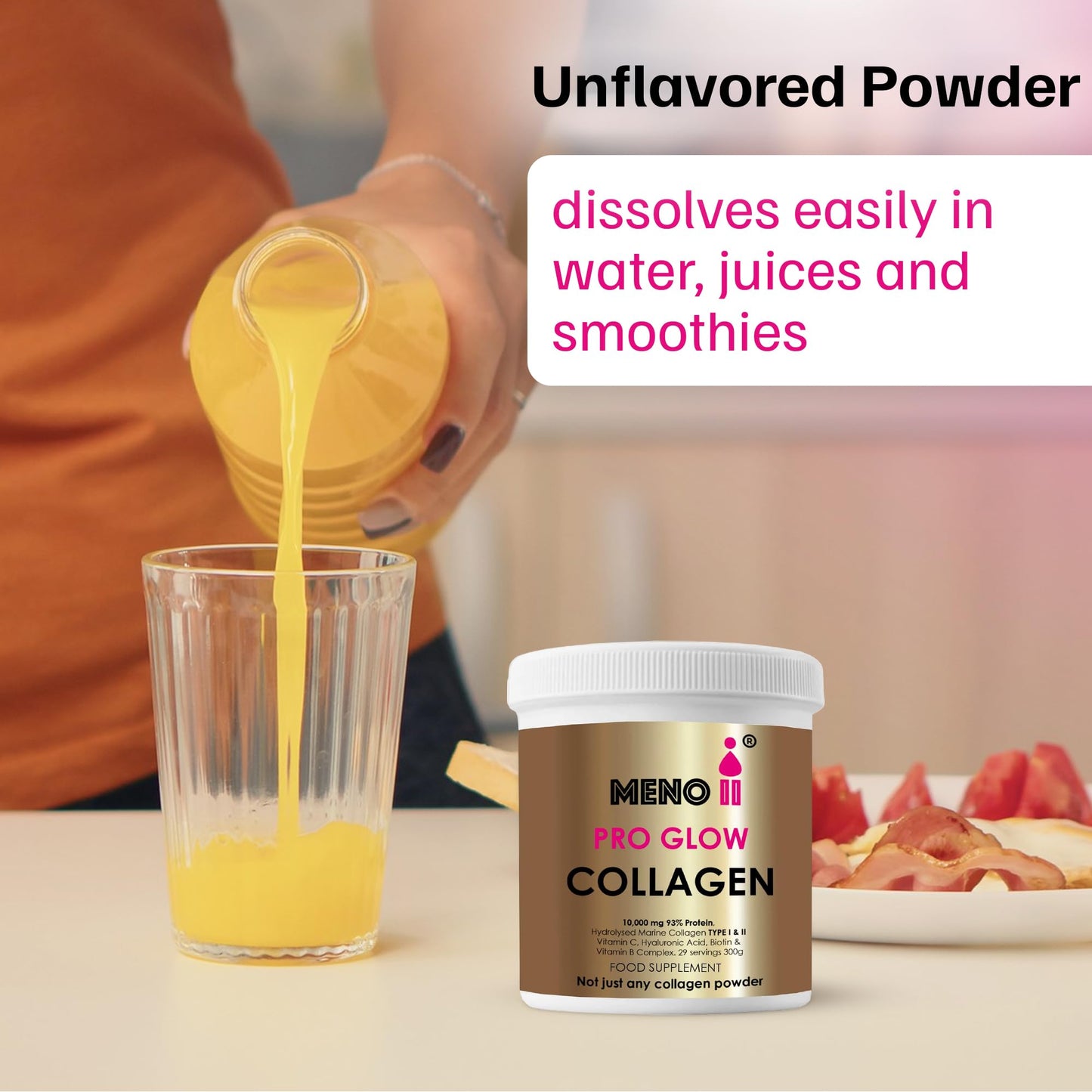 Meno II PRO Glow Marine Collagen Powder 10,000mg - High-Potency Supplements for Women Skin Hydration - Unflavoured Collagen Supplement with Hyaluronic Acid, Vitamin C & B Complex - 300g