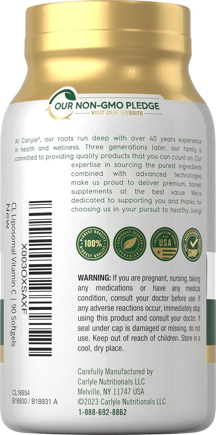 Carlyle Liposomal Vitamin C | 2200mg | 90 Softgels | High Potency Complex Supplement | Non-GMO, Gluten Free Supplement Packaging May Vary