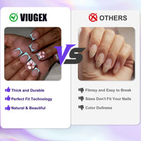 Viugex 24Pcs Blue French Tip Press on Nails, Acrylic False Nails Short Square Glossy Fake Nail Kit, Natural Glue on Nail with 3D Flowers, Reusable Gel Stick on Nails for Women Girls Manicure Art