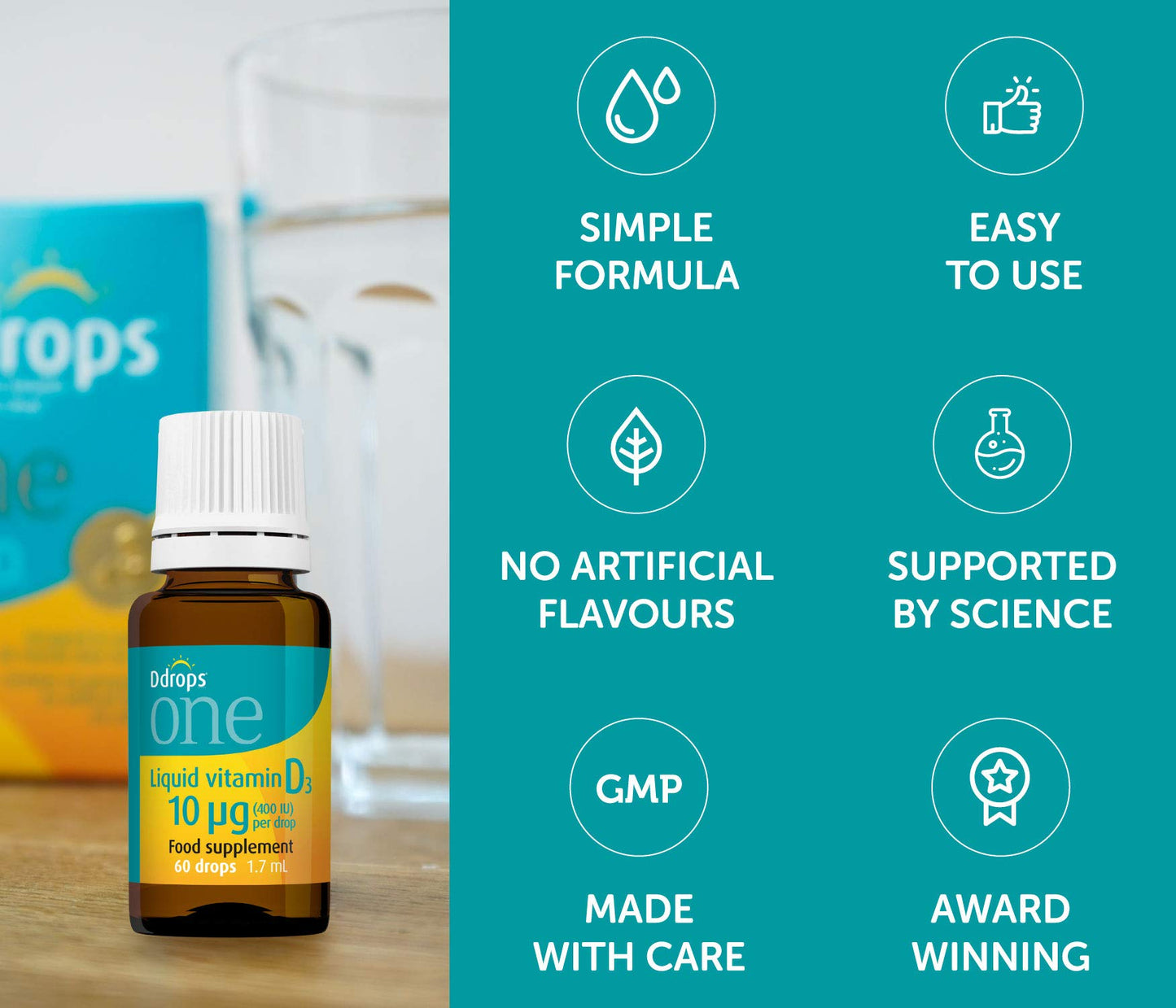 Ddrops One 10 µg 60 Drops - Daily Vitamin D3 Supplement for Kids & Adults. Support Bone Health & Immune System - No Large Capsules, No Preservatives, Non-GMO, Allergen-Friendly