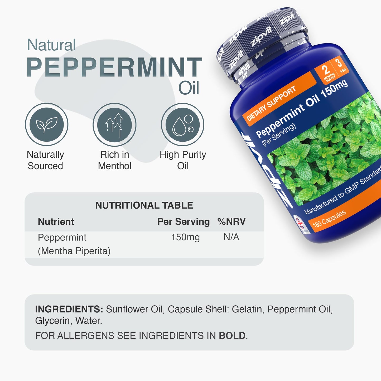 Zipvit Peppermint Oil Capsules 150mg, 180 Peppermint Capsules