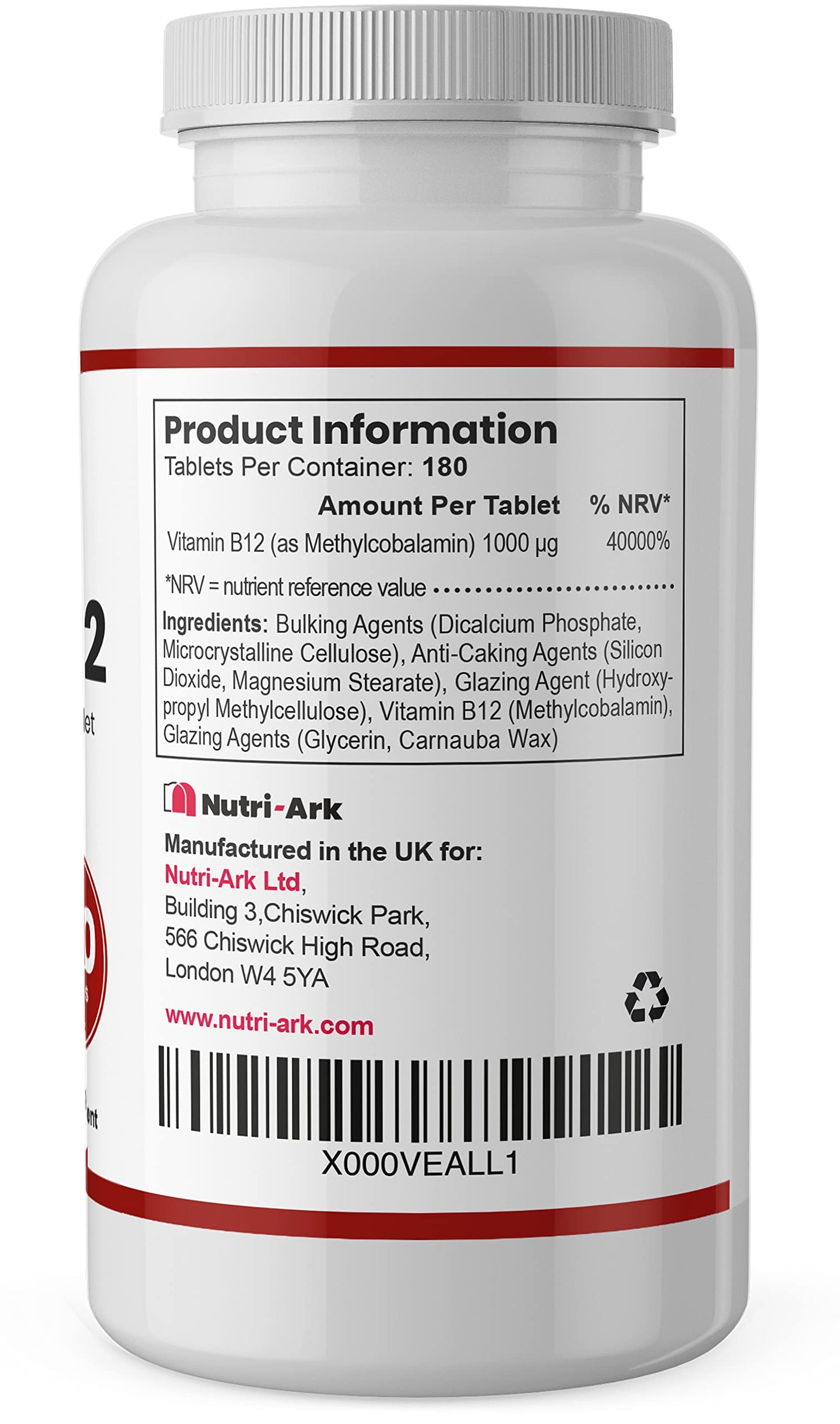 Vegan Vitamin B12 Methylcobalamin 1000mcg 180 Tablets (6 Months Supply) Made in The UK by Nutri-Ark