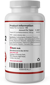 Vegan Vitamin B12 Methylcobalamin 1000mcg 180 Tablets (6 Months Supply) Made in The UK by Nutri-Ark