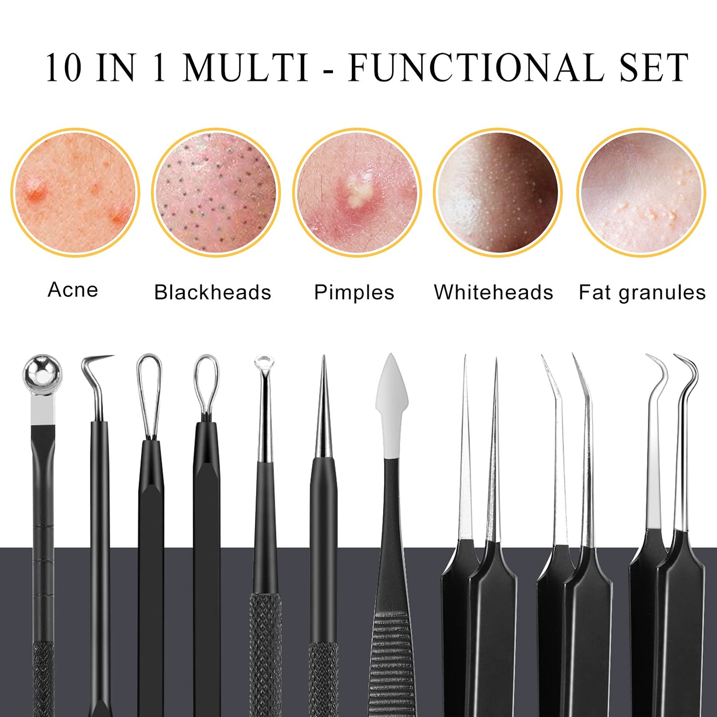 Boxoyx Pimple Popper Tool Kit - 10Pcs Blackhead Remover Comedone Extractor Tool Kit with Metal Case for Quick and Easy Removal of Pimples, Blackheads, Zit Removing, Forehead, Facial and Nose(Black)
