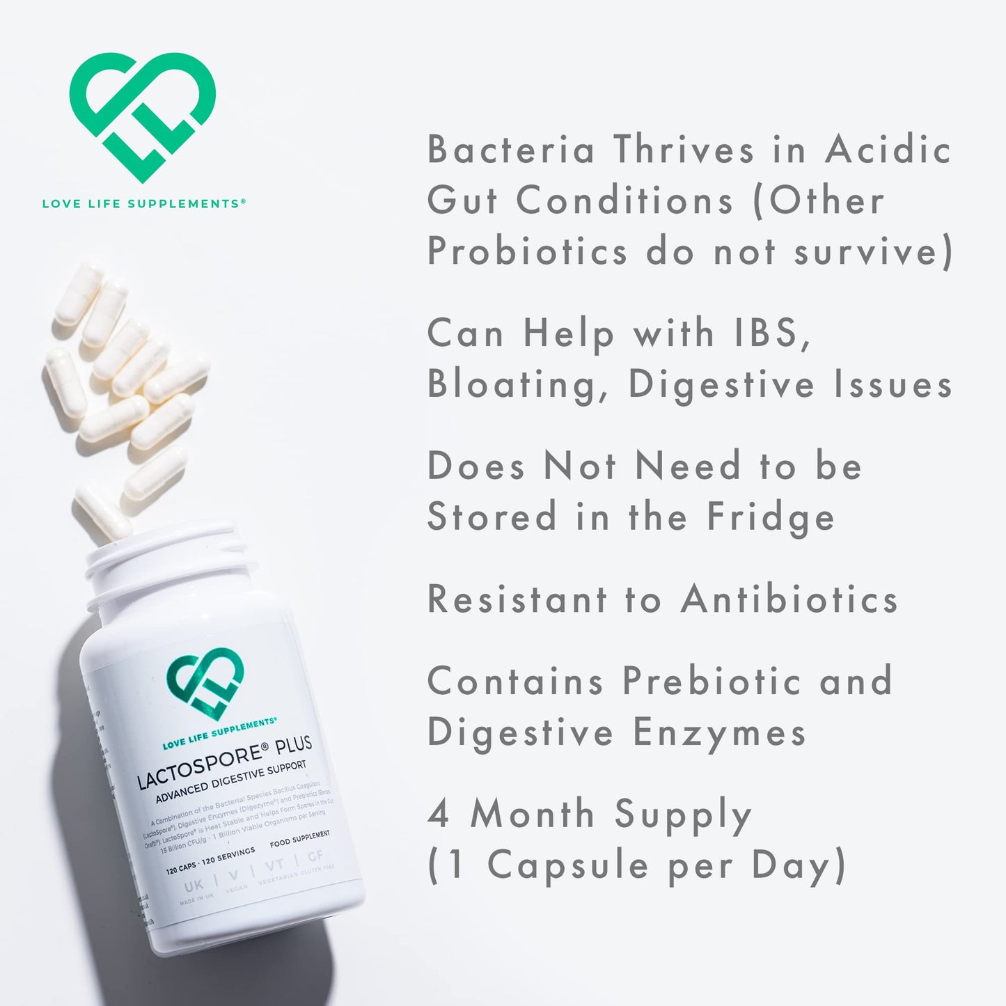 LactoSpore® (Bacillus Coagulans) Plus Spore Based Probiotic | 120 Capsules - 4 Month Supply | Bloating Relief/Gut Health | 15 Billion CFU/g | Includes Digestive Enzymes & Prebiotic Inulin | UK Made