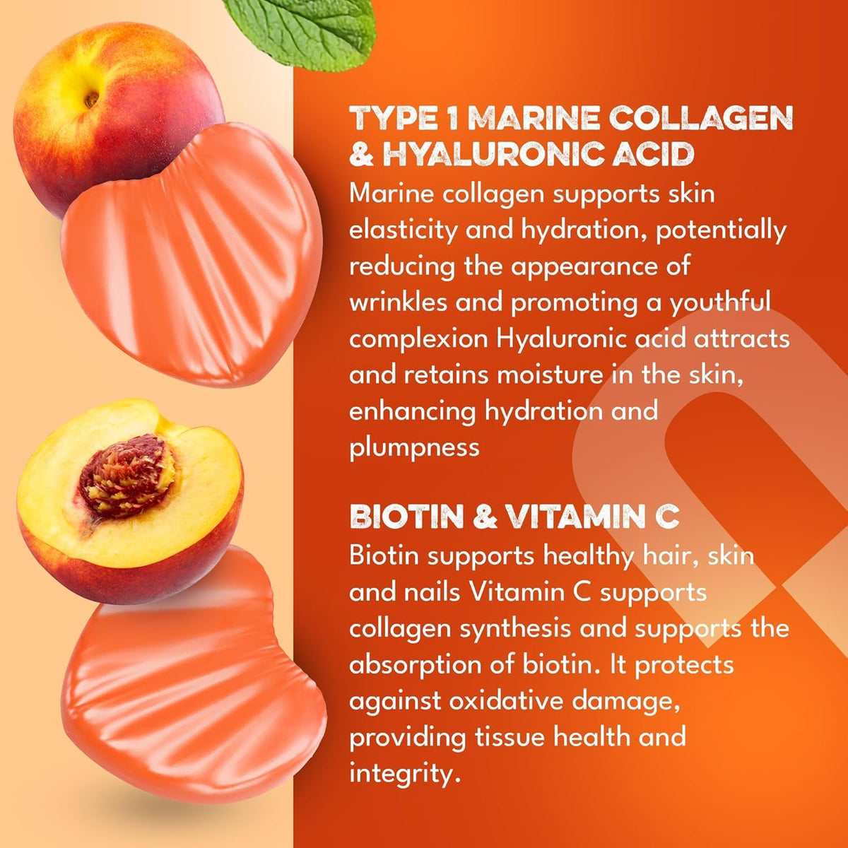 supplmnt. Supplmnt. Marine Collagen Gummies, Hydrolysed Collagen Peptides w/Biotin, Hyaluronic Acid & Vitamin C, Collagen Supplements for Women & Men, Collagen for Skin, Hair & Nails (One Size, Peach)