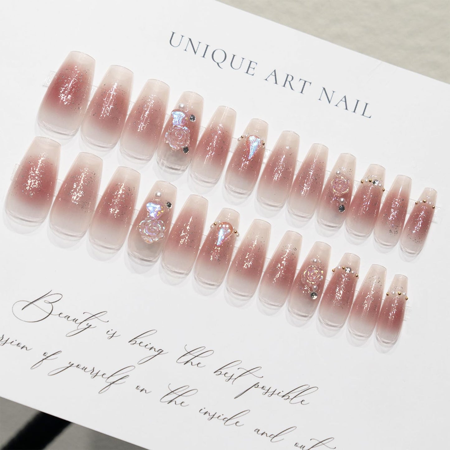 EONFAVE French Tip False Nails - 24pcs Press On Nails Long - Ice-Soaked Blush Camellia False Nails With Glue Long Coffin Shaped Elegant French Ballet Luxury Design Fake Nails