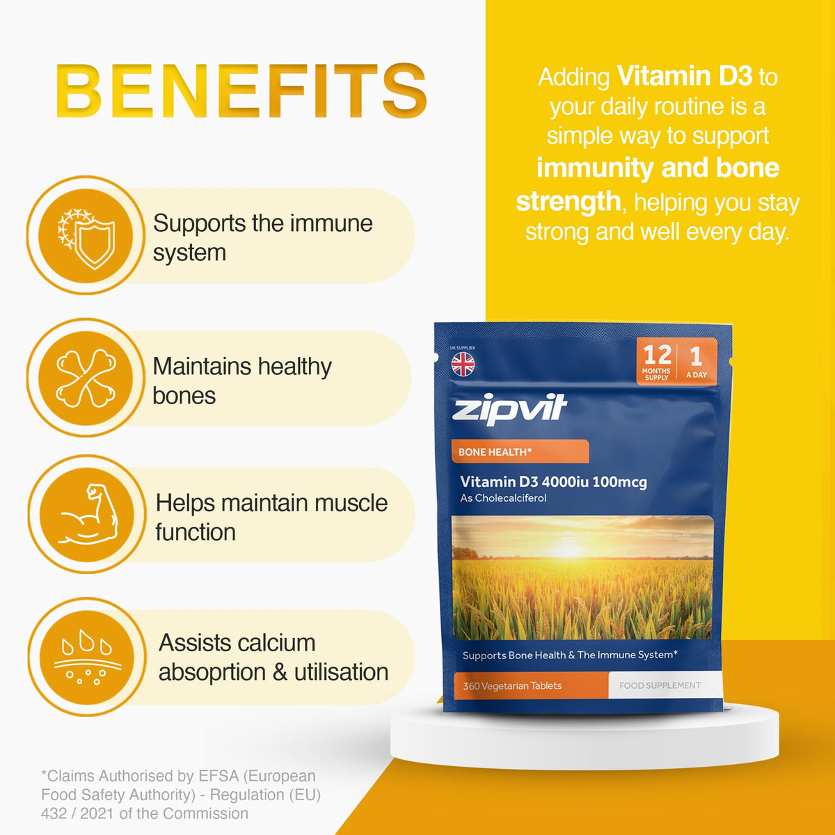 Zipvit Vitamin D3 4000 IU, 360 Maximum Strength Vitamin D Tablets, 12 Months Supply, Vegetarian, 1 a Day, VIT D3 As Cholecalciferol, Supports Bones Muscles, Immune System