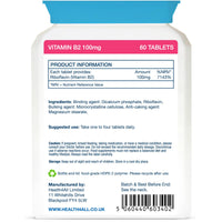 Health4All Vitamin B2 Riboflavin 100mg 60 Tablets - Energy, Stress and Migraine Support, Contributes to Reduction of Tiredness & Fatigue, Vegan, Gluten-Free VitB2 Supplement | Made in UK
