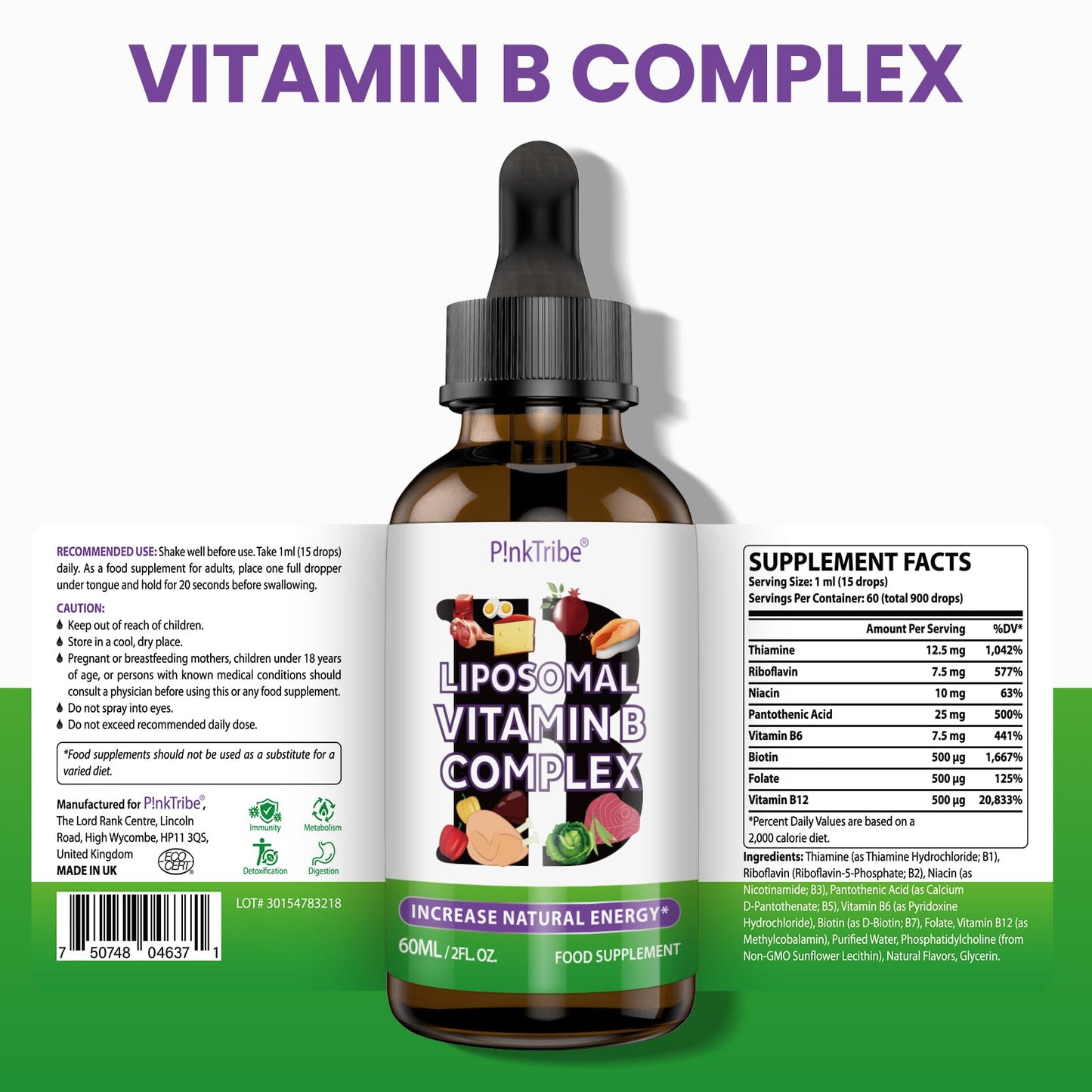 P!nkTribe Liposomal Vitamin B Complex Liquid Drops - 60ml, High Potency B Vitamin Supplement for Energy Support & Nervous System Health (Pack of 2)