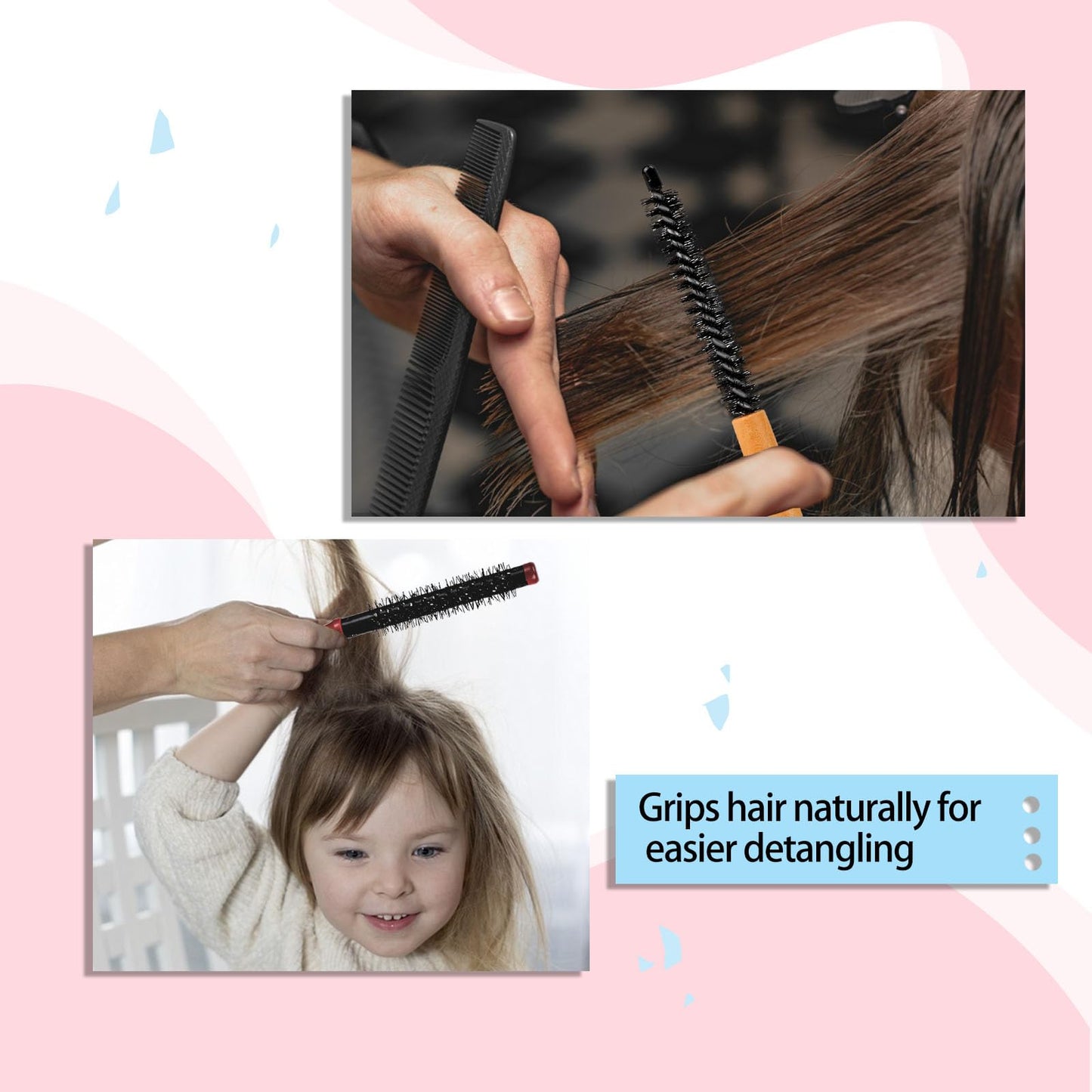 Mozeat Lens Small Round Hair Brush, 2 Pcs Mini Roller Brushes with Stiff Nylon Bristles, Professional Salon Hairdressing Brush for Blow Drying Curly Hair Styling Bangs Lifting Beard Care