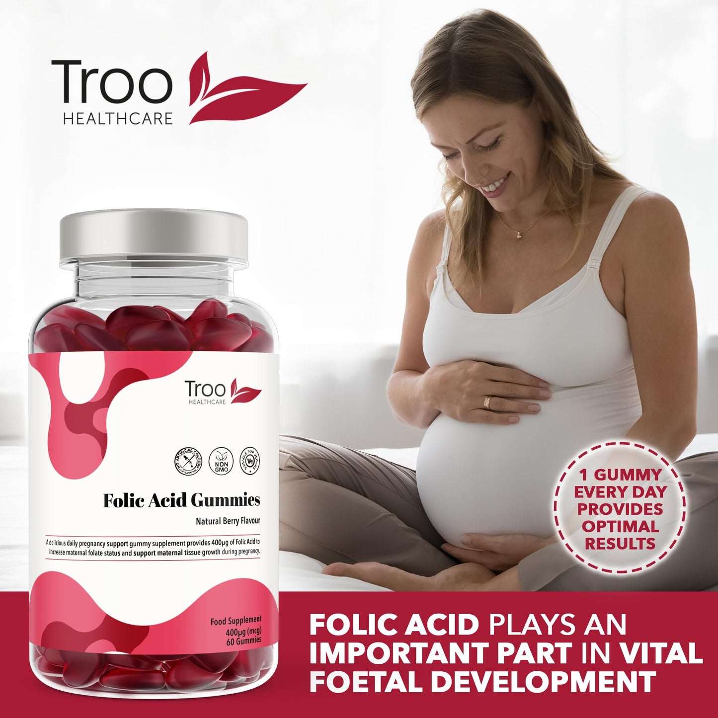 Troo Health Care Folic Acid 400μg Gummy Prenatal Supplement - 60 Natural Berry Flavour Gummies to Support Health Pregnancy & Foetus Development - No Common Allergens or GMO