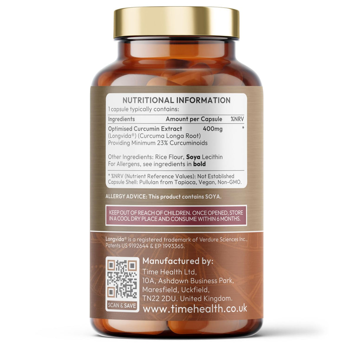 Time Health Longvida Curcumin - Clinically Studied - 285XAUC Increased Bioavailability - Vegan - Pullulan - UK Made - GMP Standards - Zero Additives
