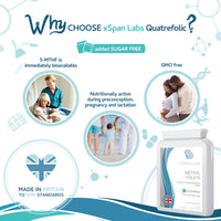 Xspan Labs Methyl Folate 600µg - 90 Capsules as Quatrefolic 5-MTHF Supplement 6S-5-methyltetrahydrofolate – The 4th Generation of Folate a Highly bioactive Form of Folic Acid/Vitamin B9 – Made in The UK