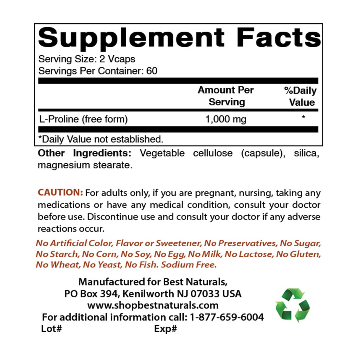 Best Naturals L-Proline 500 mg 120 Capsules (120 Count (Pack of 2))