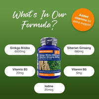 Zipvit Ginkgo Biloba 6000mg & Siberian Ginseng 600mg with Vitamin B3 & B5, Supports Energy & Mental Performance. 4 Months Supply, 120 Vegan Tablets, 1 a Day.