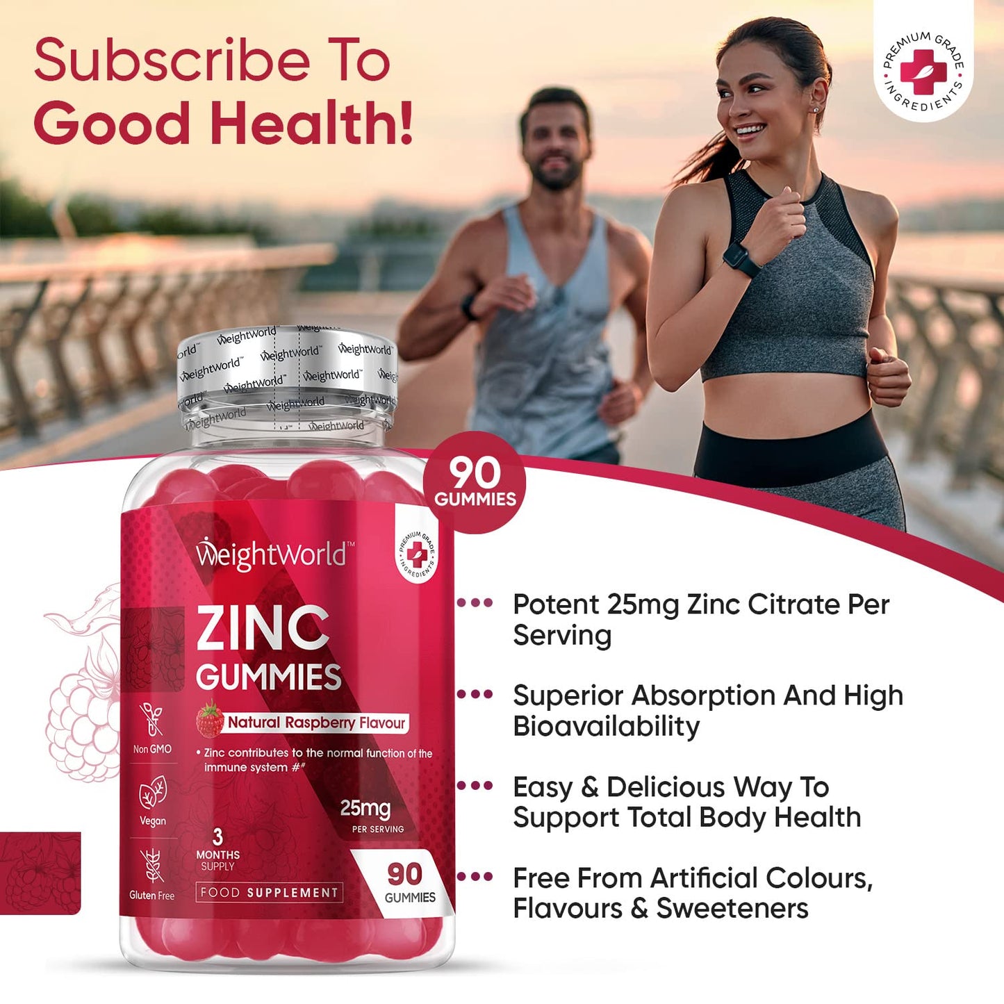 Zinc Gummies 25mg per Gummy – 90 Vegan Zinc Citrate Gummies - Natural Raspberry Flavour – Better Alternative to Bitter Zinc Tablets - Immunity, Skin & Hair Gummies - Zinc Supplement for Men & Women