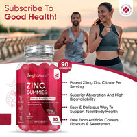 Zinc Gummies 25mg per Gummy – 90 Vegan Zinc Citrate Gummies - Natural Raspberry Flavour – Better Alternative to Bitter Zinc Tablets - Immunity, Skin & Hair Gummies - Zinc Supplement for Men & Women