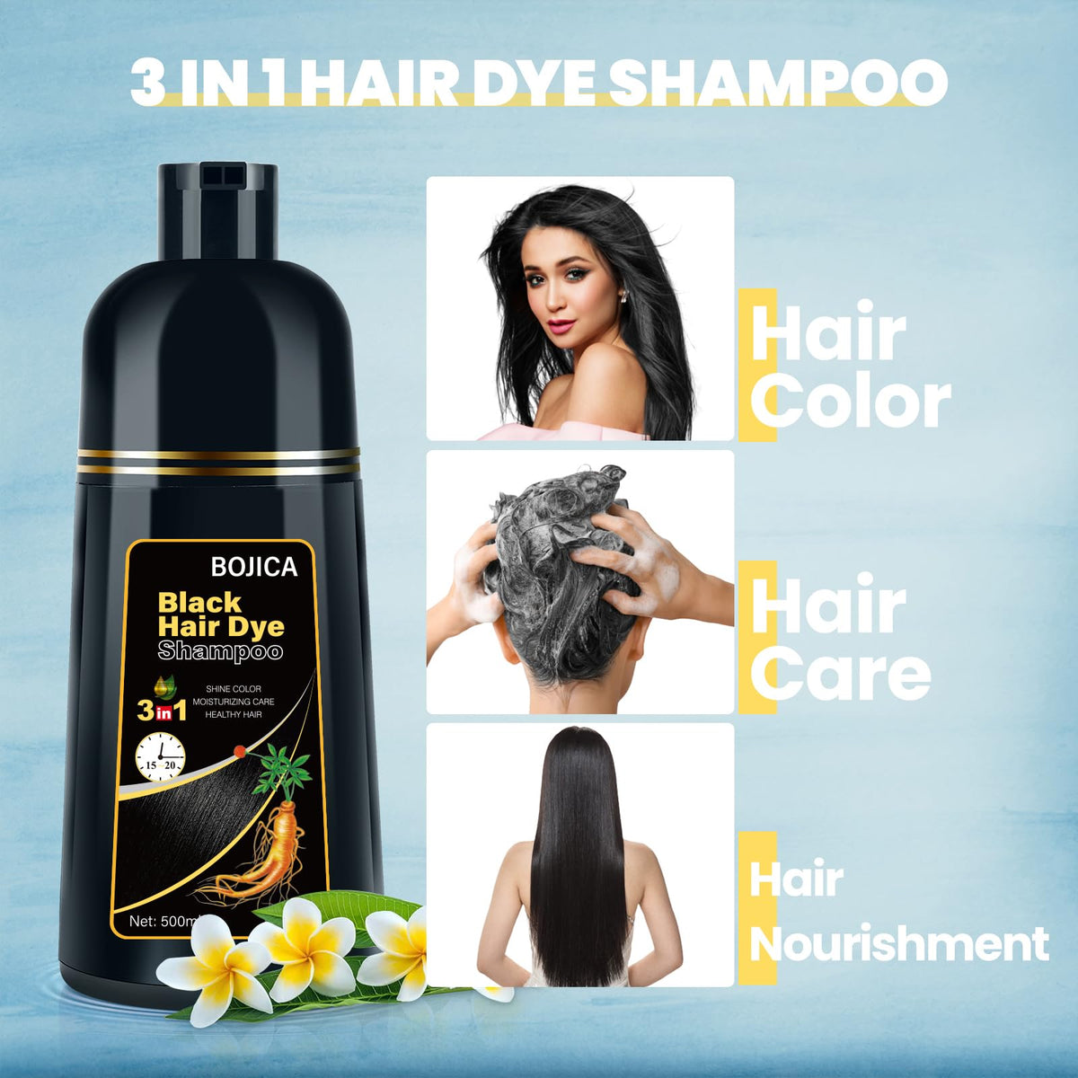 BOJICA Black Hair Dye Shampoo for Gray Hair Coverage, 3-in-1 Semi-Permanent Color Shampoo Herbal Ingredients for Women & Men 500ml