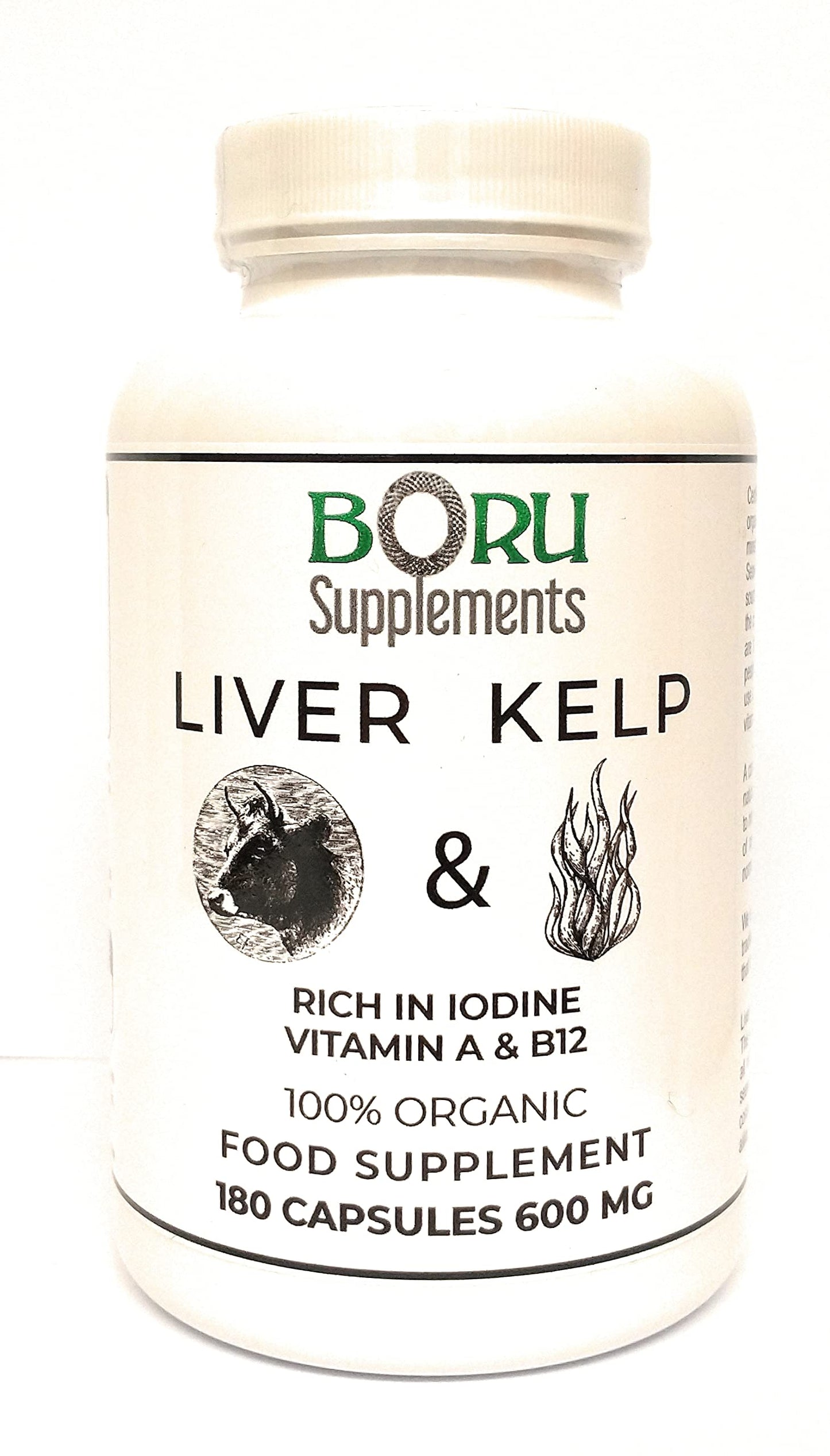 Boru Supplements Grass Fed Beef Liver and kelp Seaweed Capsules 600mg 180 Certified Organic kelp
