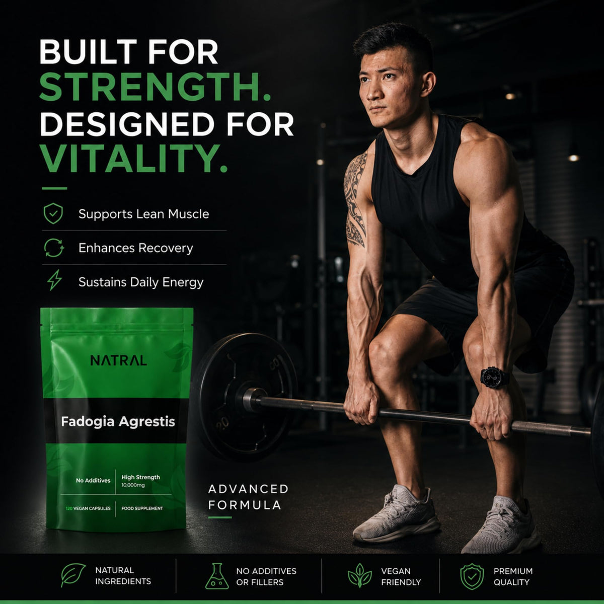 Natral Fadogia Agrestis 10,000mg Equivalent - 120 Vegan Capsules | High Potency Natural Performance & Sports Supplement | Muscle Building & Recovery Support