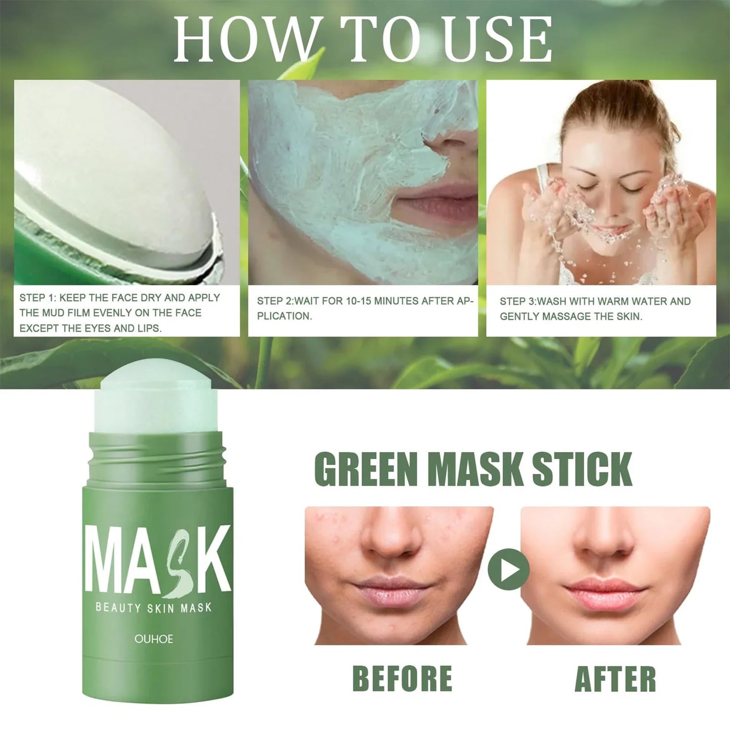 Tianyue Green Tea Mask Stick, Green Tea Deep Cleanse Mask, Blackhead Remover Mask, Green Tea Extract Deep Cleansing and Moisturizing, Shrinking Pores, Suitable for Men and Women, All Skin Types.