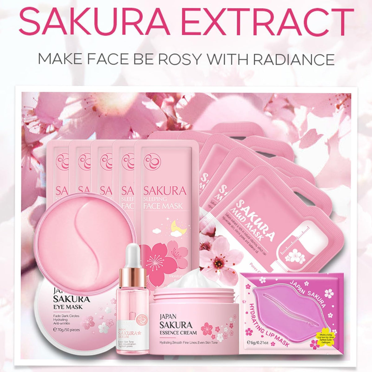 INSKIN Sakura Skin Care Sets & Kits, Girlsfriend Gifts, Pamper Gifts for Women with Serum,Cream,Sleep Mask,Eye Mask- Pamper Set for Teen,Girls,Women,Mom | Birthday, Travel Skincare Set（14PCS）
