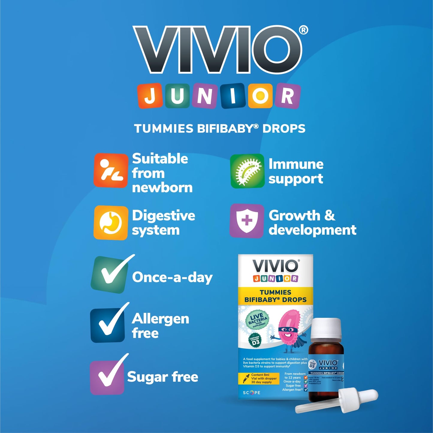 VIVIO JUNIOR Vivio Junior Tummies Bifibaby Drops - A Probiotic & Vitamin D3 Supplement for Babies & Children with Live Bacteria Strains to Support Gut Health and Immunity - 30 Day Supply
