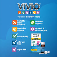 VIVIO JUNIOR Vivio Junior Tummies Bifibaby Drops - A Probiotic & Vitamin D3 Supplement for Babies & Children with Live Bacteria Strains to Support Gut Health and Immunity - 30 Day Supply
