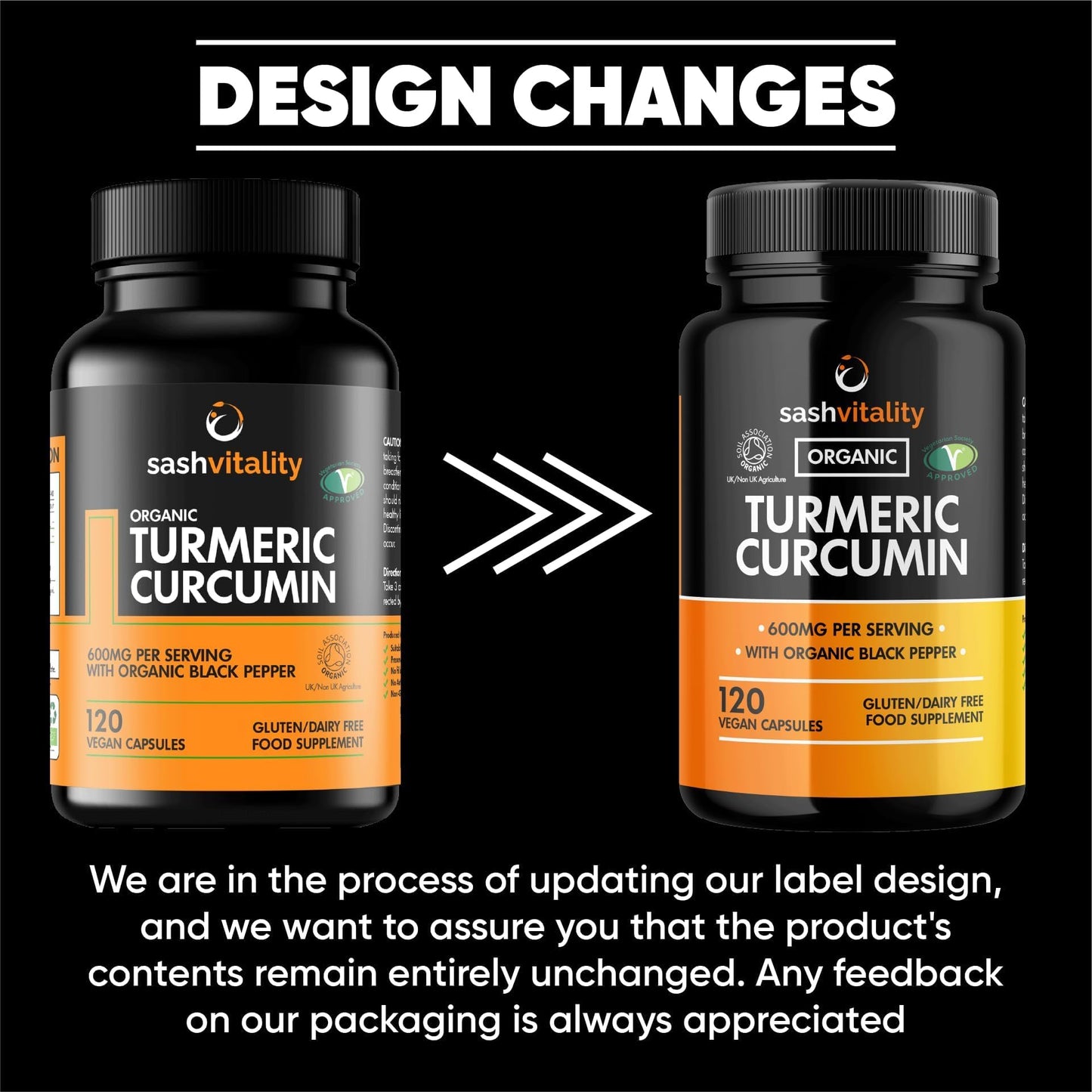 SASH Vitality Organic Turmeric Curcumin 600mg Serving with Organic Black Pepper | 120 Vegan Capsules | High Potency Antioxidant & Absorption | Certified Organic Supplement – UK Made Sash Vitality