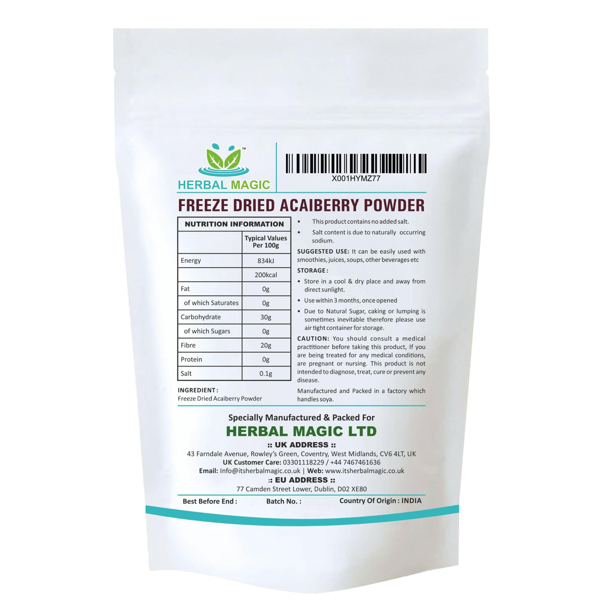 Herbal Magic's Freeze Dried Acai Berry Powder - Wild-harvested - Delicious Smoothies, Puddings and Dessert- Free from Fillers & Preservatives-100g (Pack of 1)