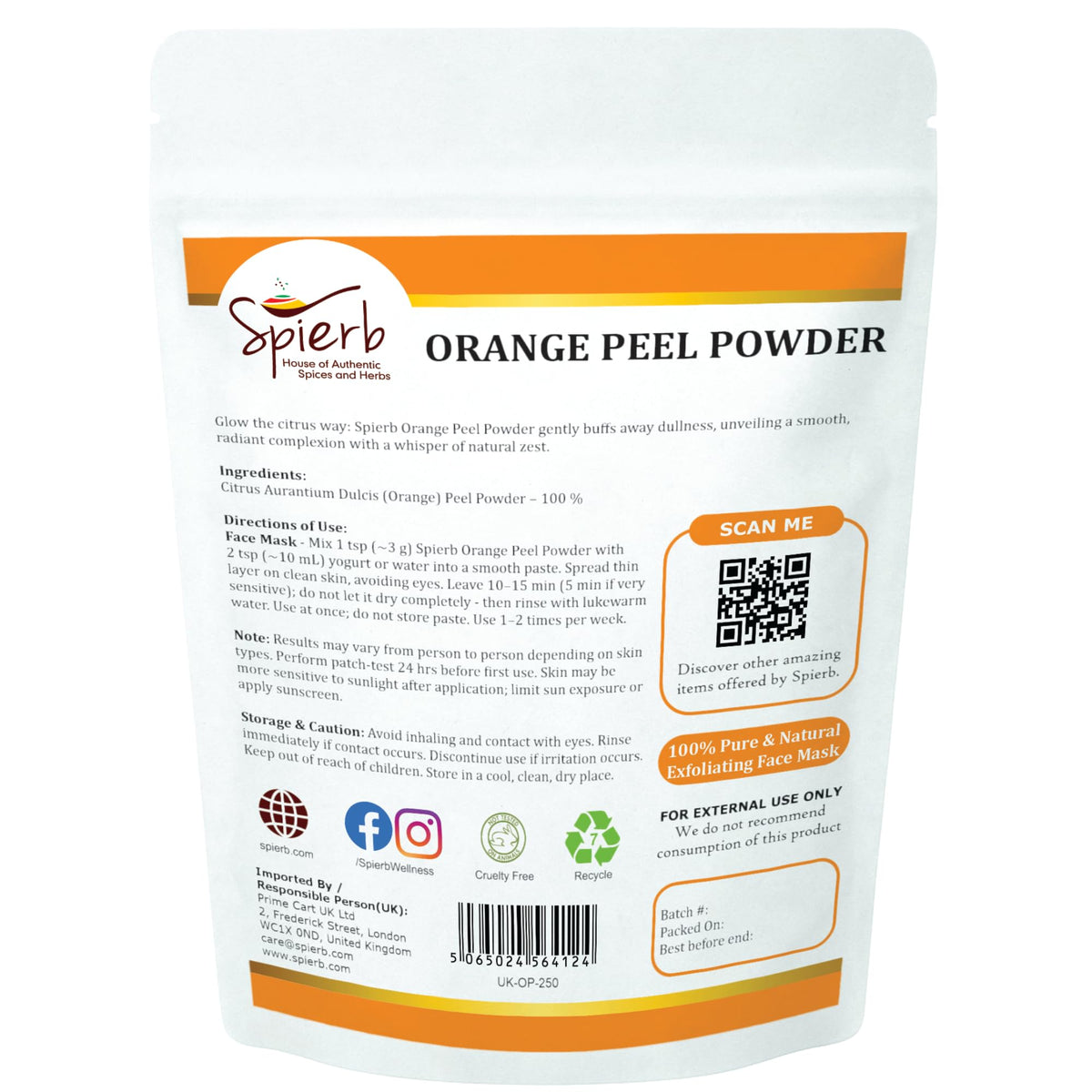 Spierb Orange Peel Powder (250 g) | Dried Orange Peel Face Mask, Face Pack/Ubtan | Exfoliating Scrub for Face & Skin – Single-Ingredient Cosmetic