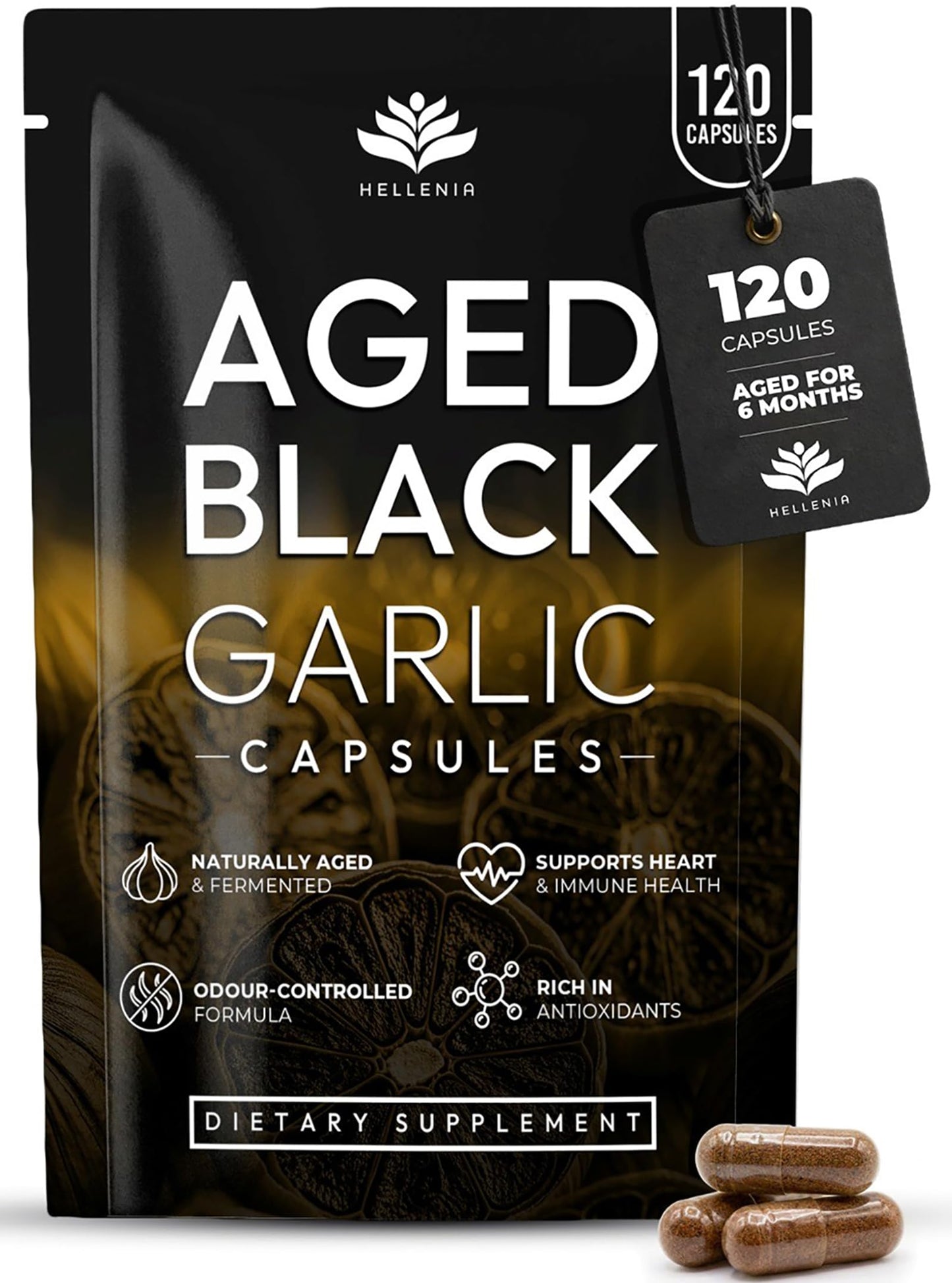 Aged Black Garlic 12,000mg - 120 Capsules | Black Garlic Bulb Extract 100:1 | Aged for Over 6 Months | Antioxidant and Cholesterol Support | Gluten Free - Made in the UK by Hellenia
