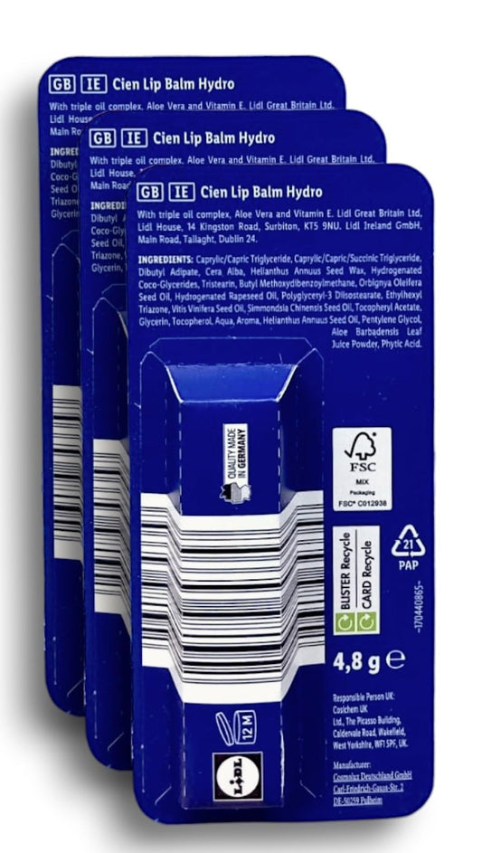 Generic Cien - Lidl | Lip Balm - Hydro Caring | SPF 25 | With Aloe Vera and Vitamin E | For Dry Lips | 4.8g Each (3)