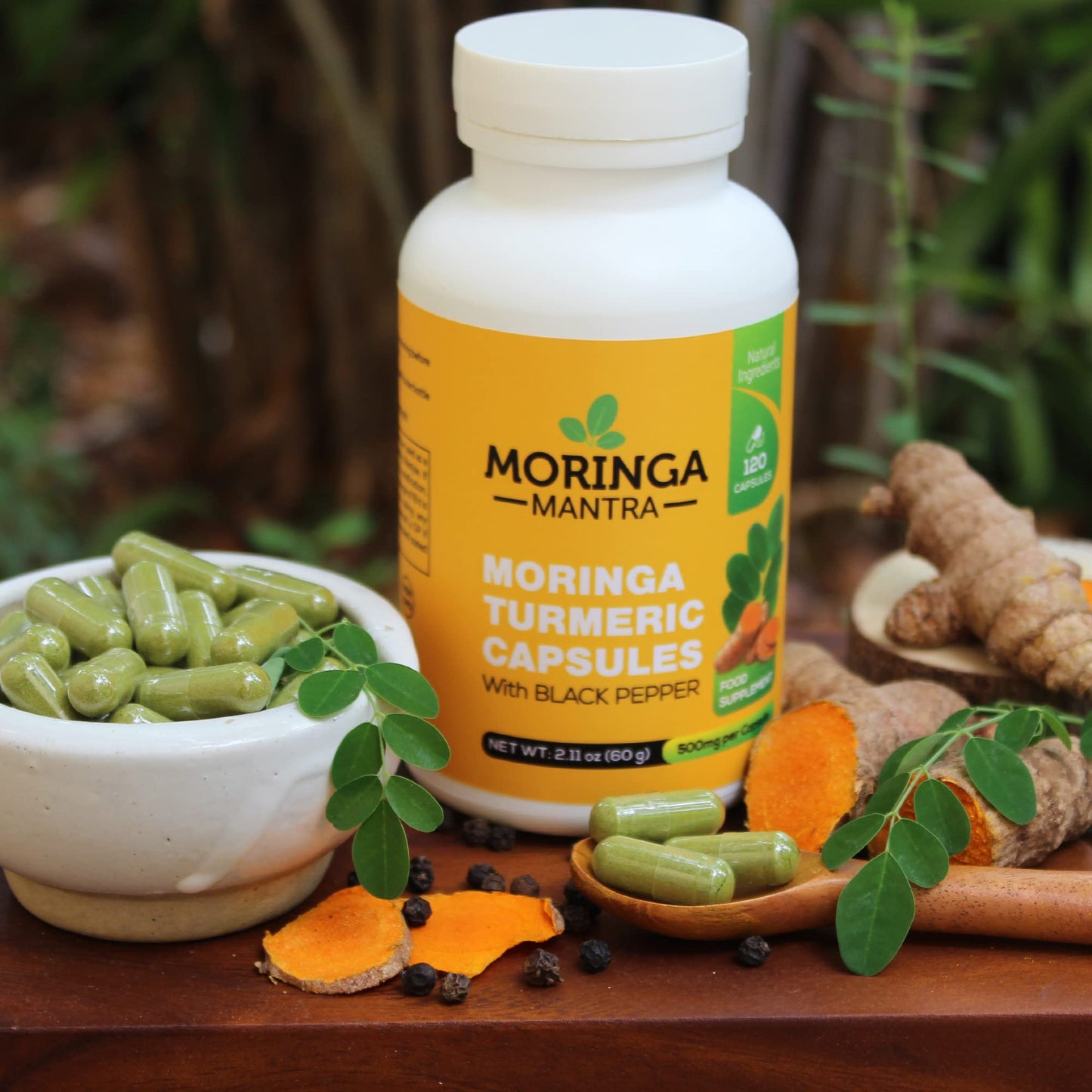 Moringa Mantra Moringa Oleifera Powder & Turmeric Root Powder with Black Pepper 120 Vegan Capsules, Gluten Free, Non - GMO