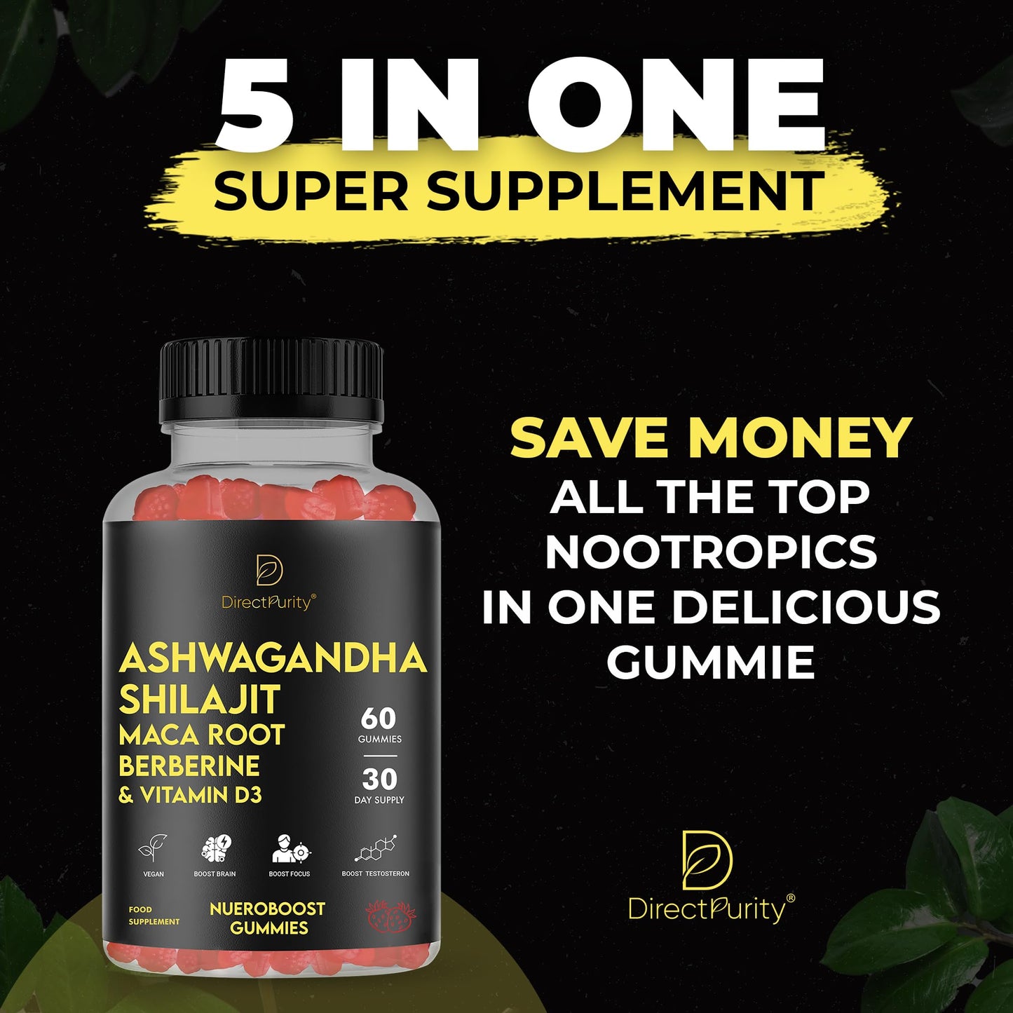Ashwagandha Gummies 500mg, Shilajit 600mg, Maca Root 100mg, Berberine 100 mcg and Vitamin D3 20mg, 60 Count, Strawberry Flavour, Ashwagandha High Strength Root Extract Supplement, Pure Shilajit