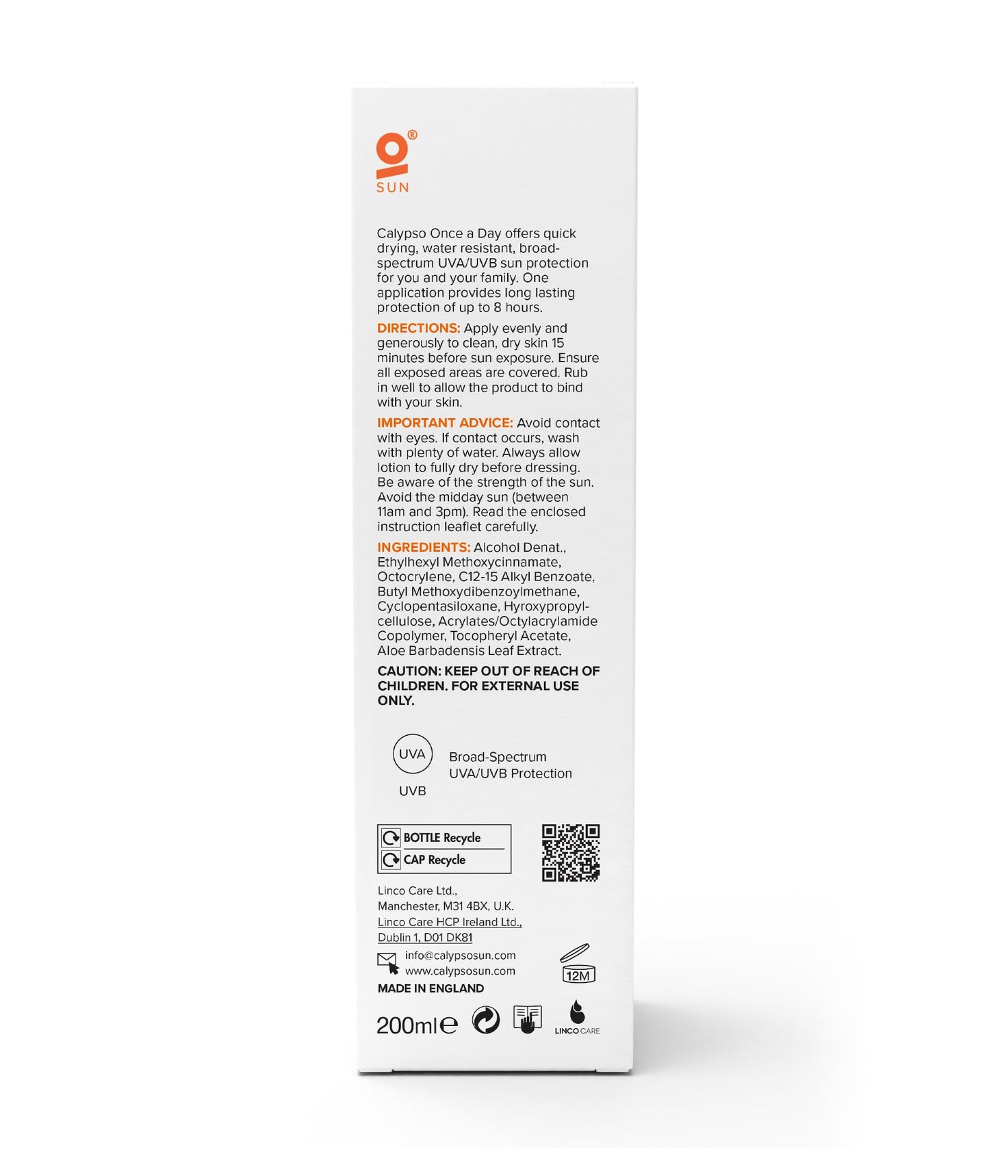 Calypso Once A Day Sun Protection Lotion SPF20 | 8 Hours Sun Protection | Non Greasy | Superior 4 Start UVA Rating - 200 ml CALC20L