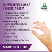 Ashwagandha High Strength KSM 66 Complex - 2000mg Enhanced with Rhodiola Rosea, L Theanine & Lemon Balm for Sleep Aid & Calm - 120 Ashwagandha KSM 66 Tablets - Vegan Supplement, Made in UK