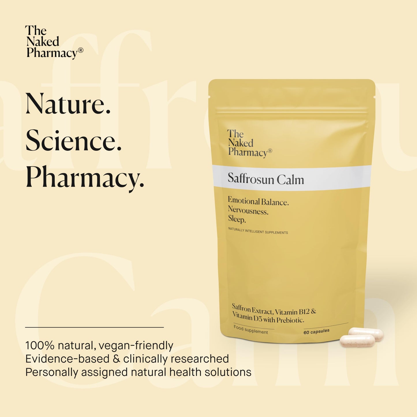 The Naked Pharmacy | Saffrosun Calm | Emotional Balance | Fatigue & Menopause | with Vitamin B12 | High Strength | Natural No Additives | Vegan | 60 Capsules