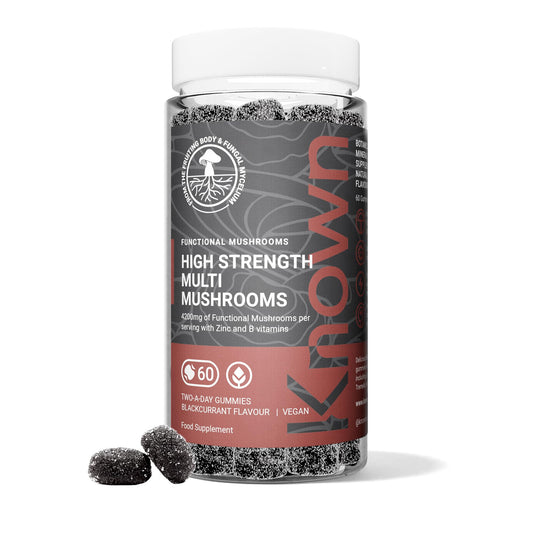 High-Strength Multi Mushrooms Gummies by Known Nutrition – with Lion’s Mane, Reishi & Chaga, Maitake, Cordyceps, Tremella - Natural Blackcurrant Flavour – 60 Vegan Gummies (30-Day Supply)