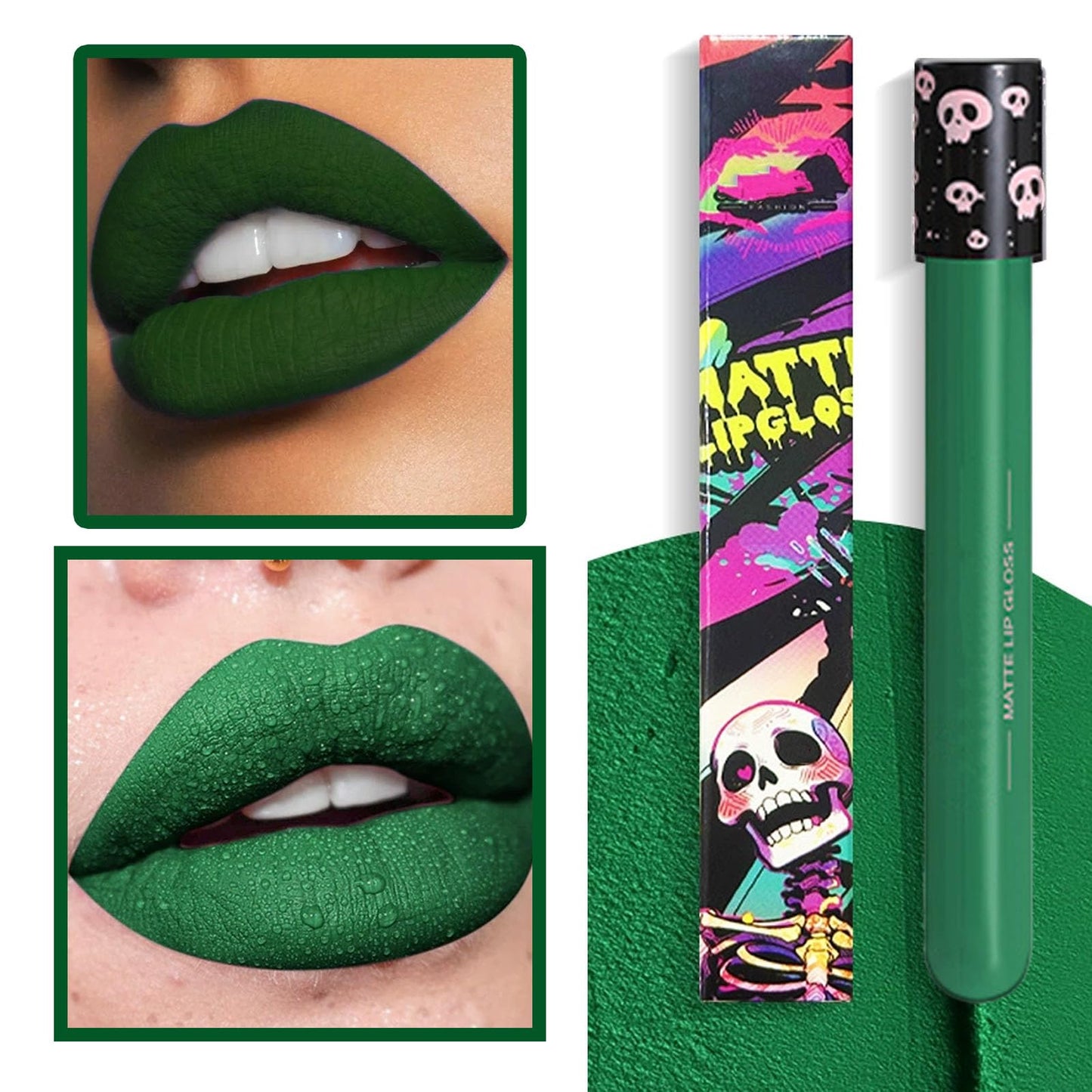 LYNTYAOU Matte Green Liquid Lipstick Waterproof Full-coverage Green Lip Gloss, Highly Pigmented Long Lasting Smudge-proof Face Body Paint for Festival Cosplay Makeup Gift for Women